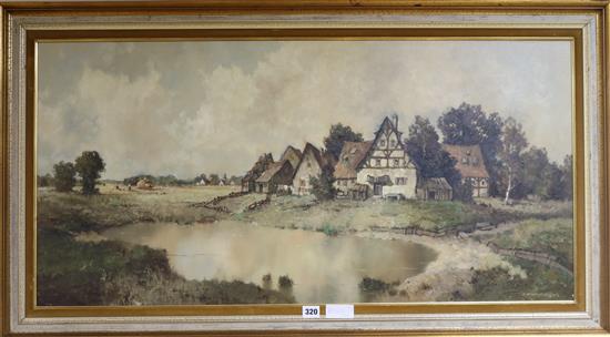 J.Hohenberger, oil on canvas, Cottages beside a pond, signed, 48 x 99cm.
